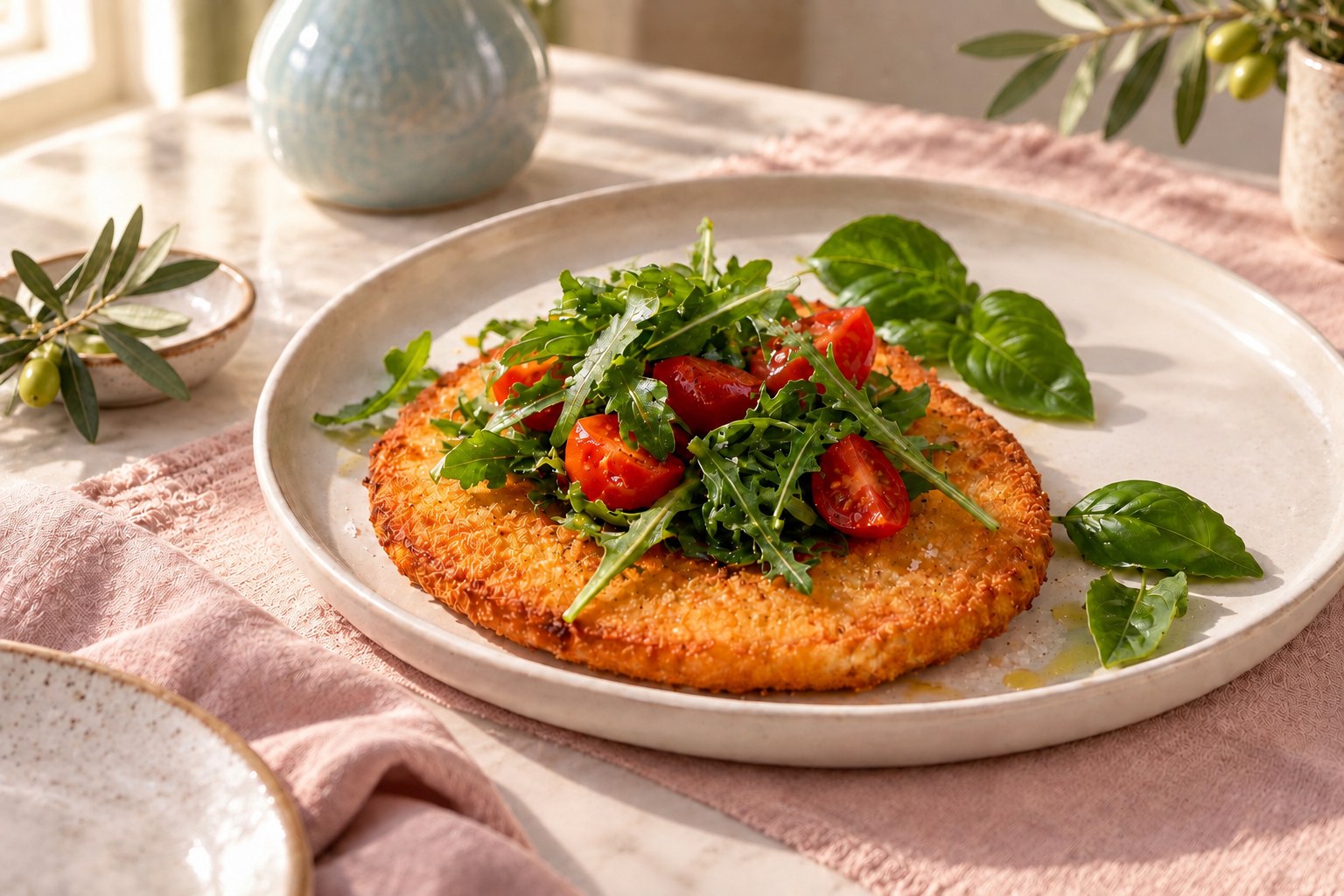 Cotoletta di caciocavallo con rucola e pomodorini in una scena mediterranea luminosa