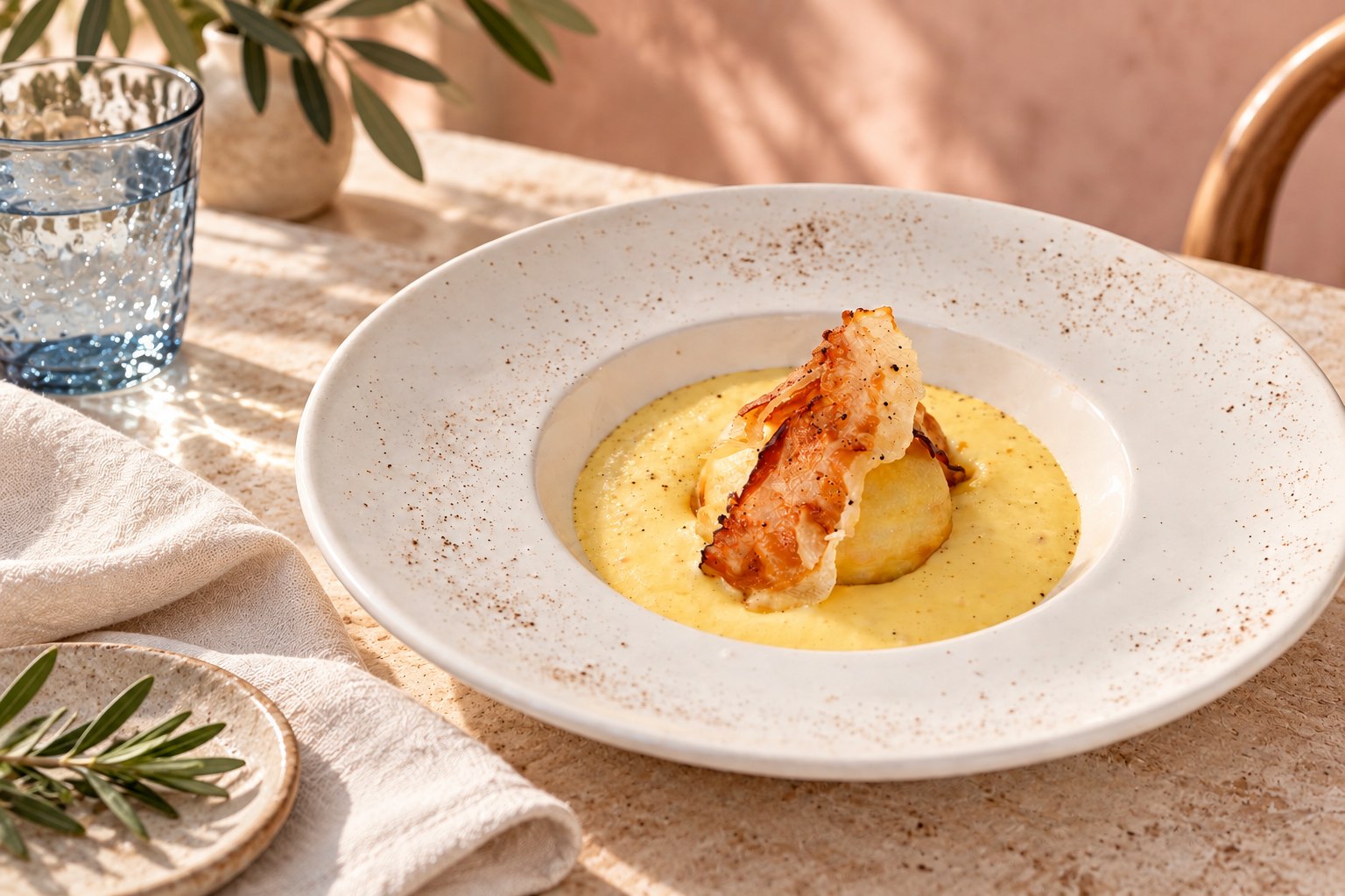 Frittatina di pasta nella crema con guanciale croccante