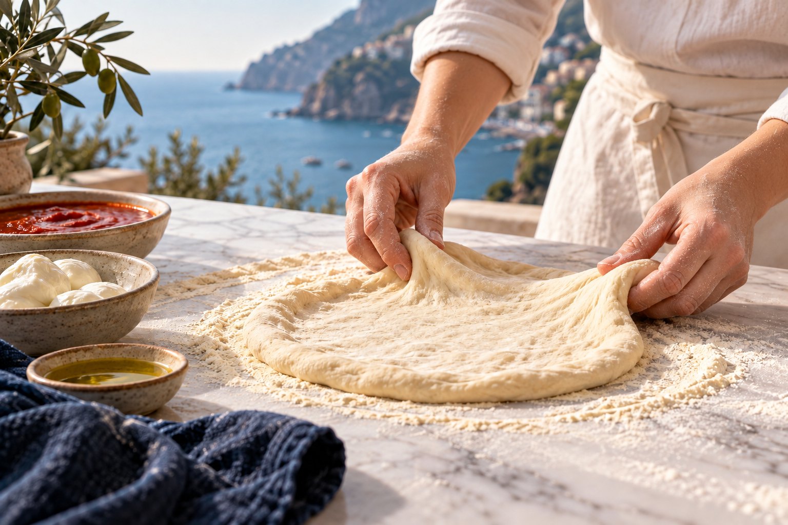 Mani di una donna stendono l’impasto della pizza su un piano infarinato