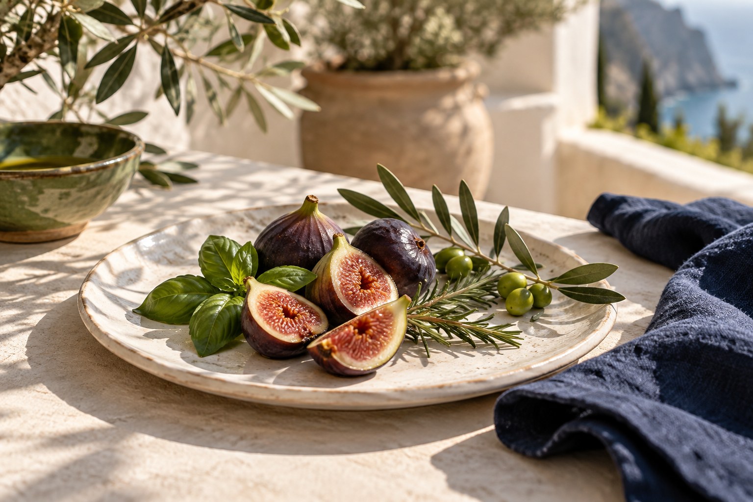 Fichi, ulivo ed erbe aromatiche su una tavola mediterranea luminosa