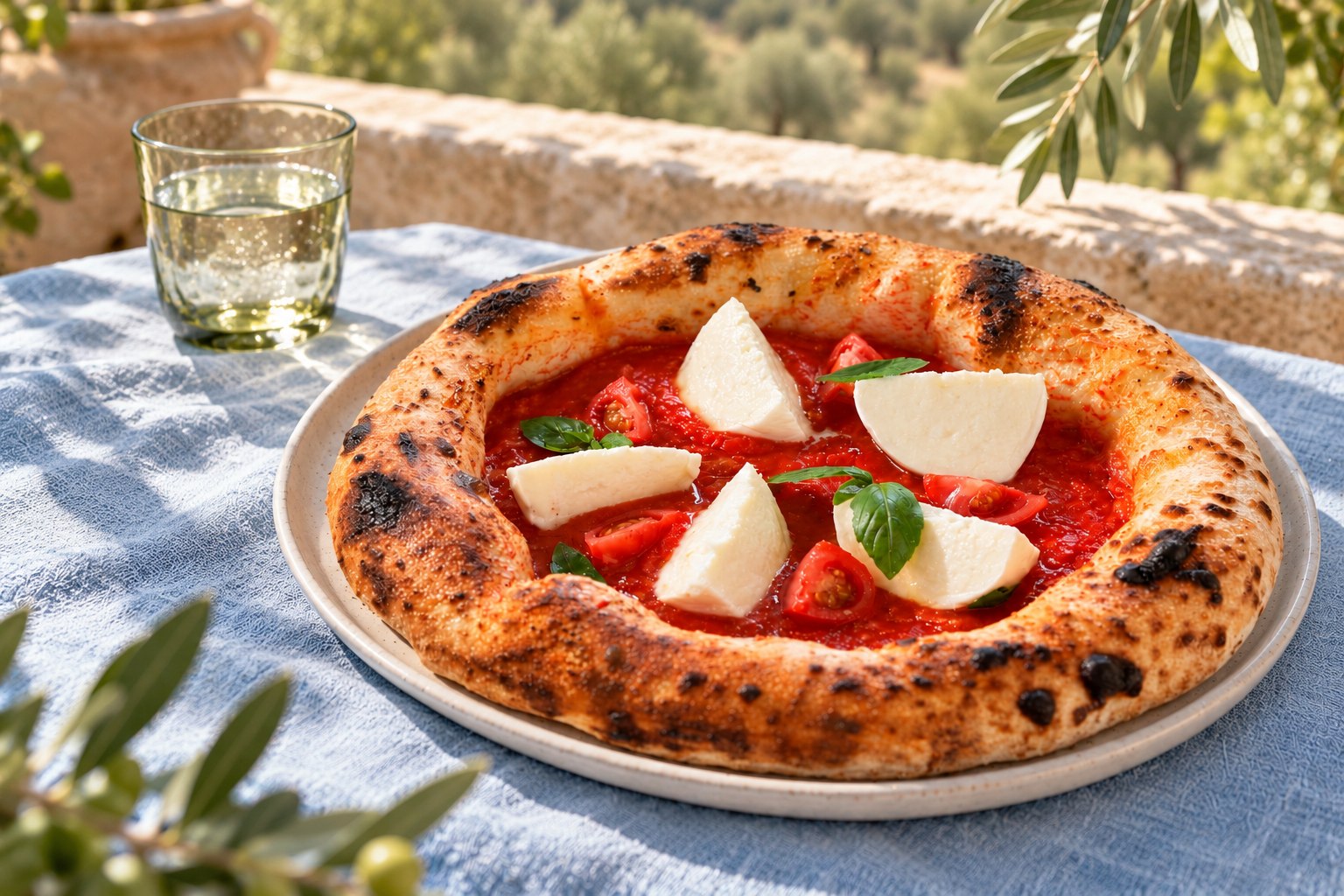 Pizza BIGA con pomodoro, mozzarella e basilico sulla tavola mediterranea
