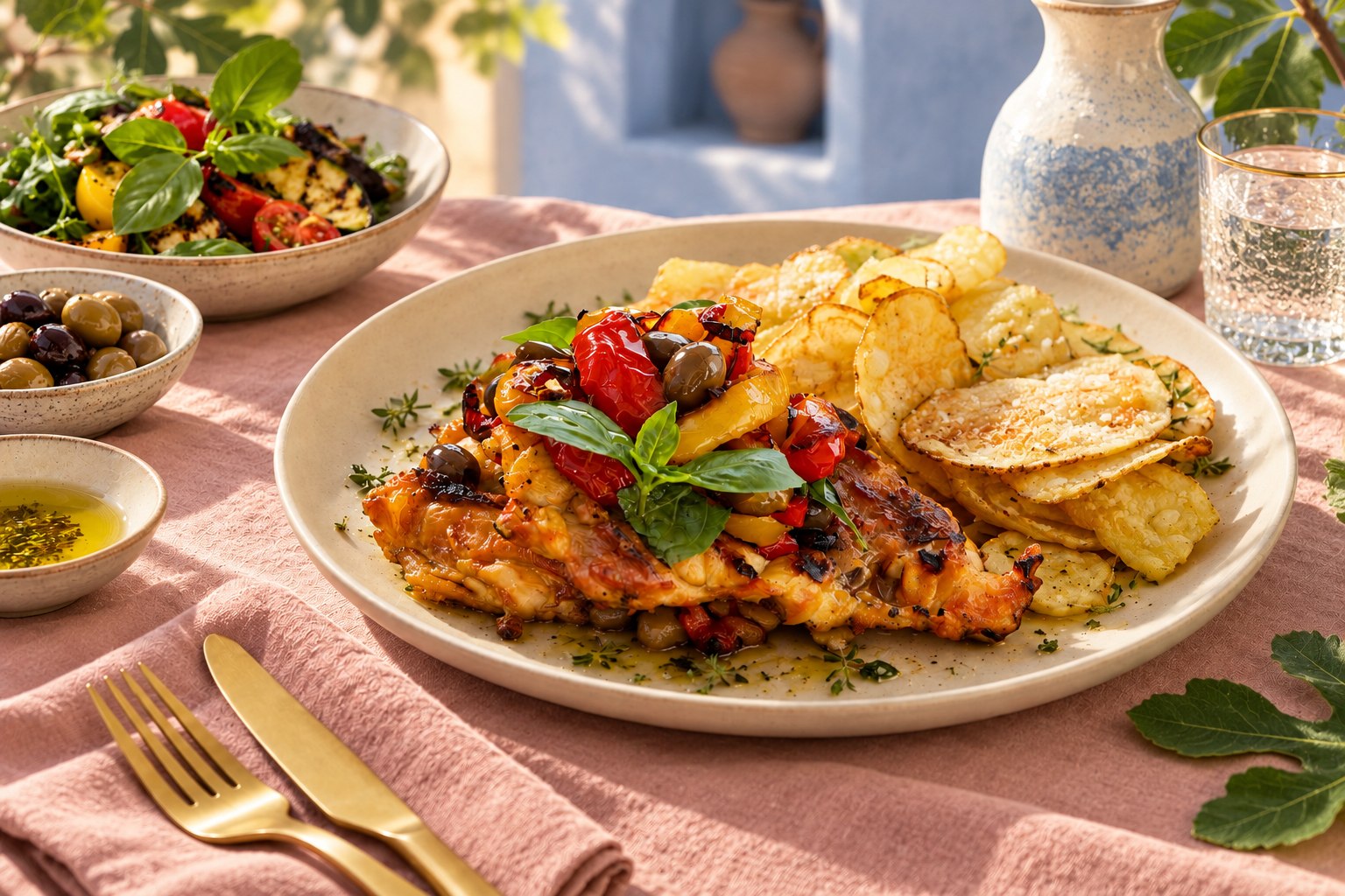 Pollo con verdure, basilico e patate su una tavola mediterranea luminosa