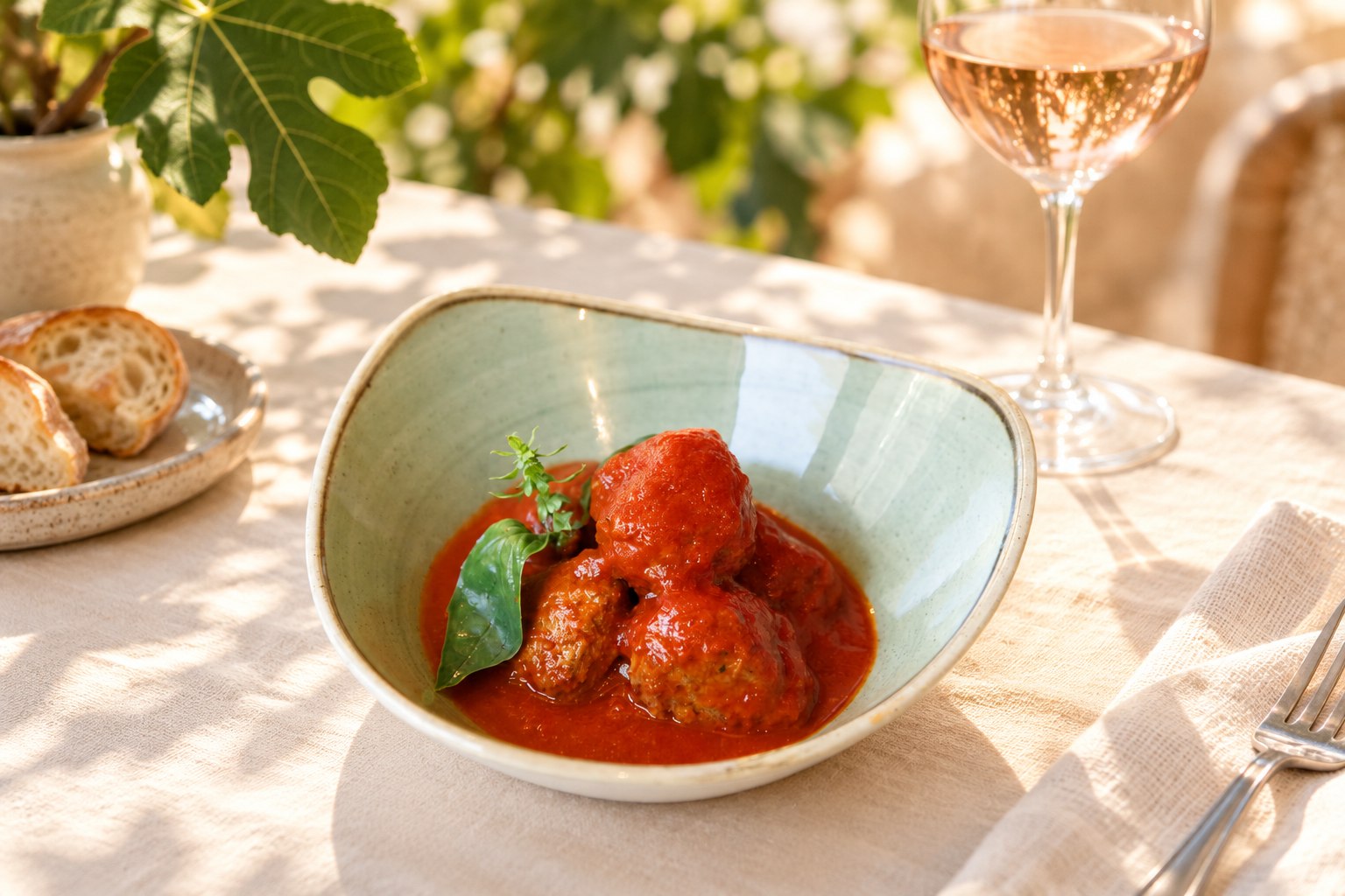 Polpette al sugo con basilico su tavola mediterranea luminosa
